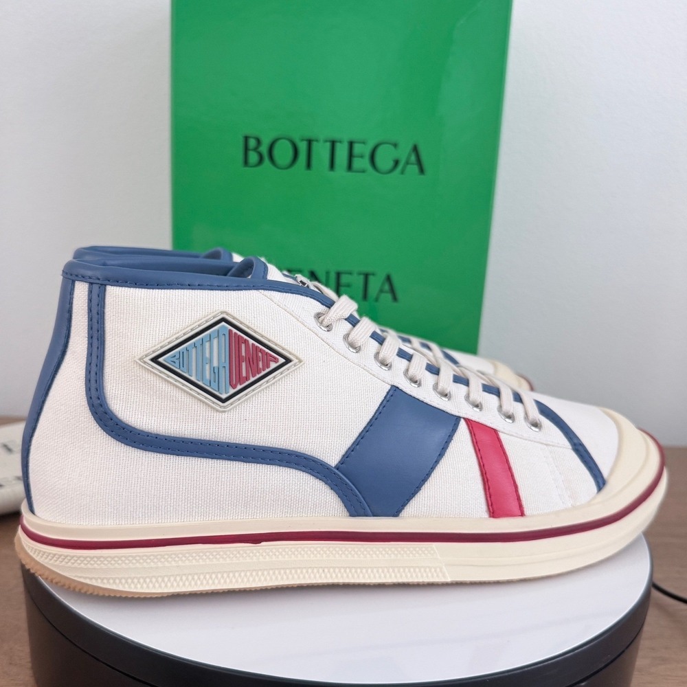 Bottega Veneta Mens Canvas High Top Sneakers White Blue Red 827556 42 US 9